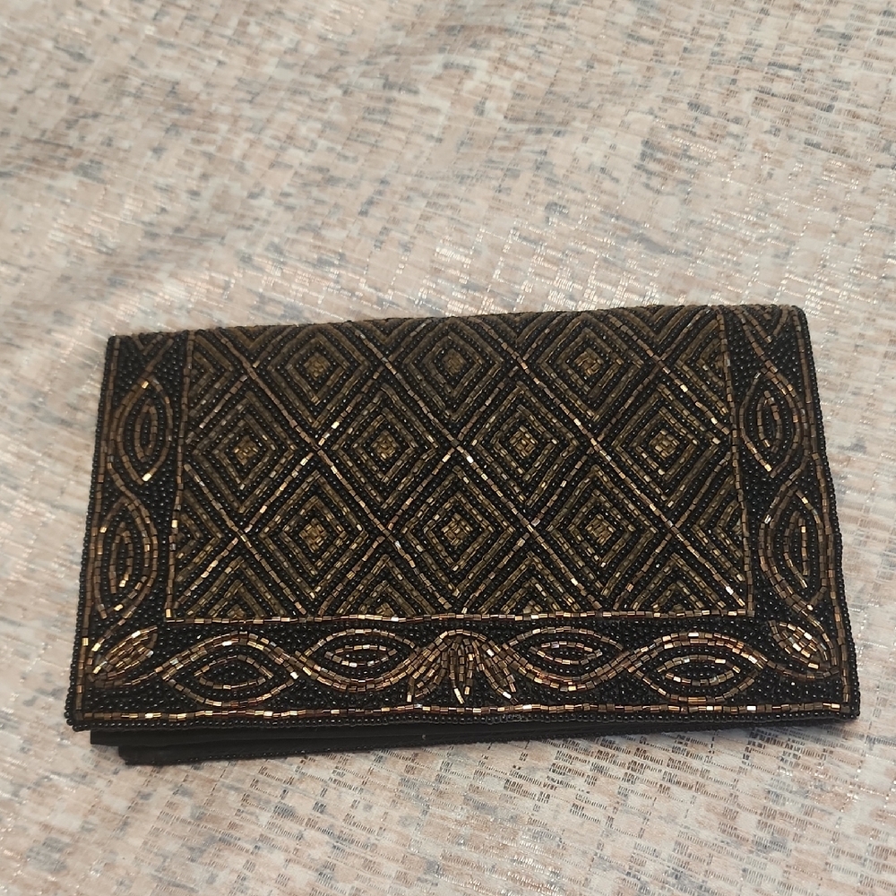 Black and Gold Geometric Beaded Clutch